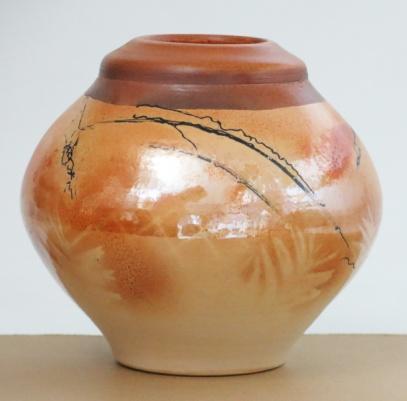 5 in) 425 $98, lustrous toasty orange vase with darker burnished satin neck, fiddler s bow horsehair