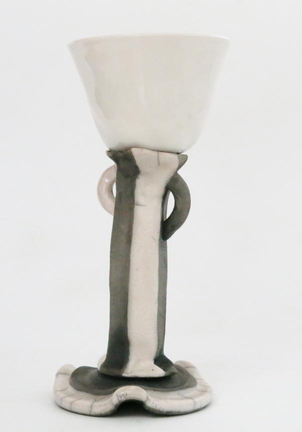 5x6 in) 423 $85, white crackle and black vase, black neck and foot, vertical wax resist slip trailed