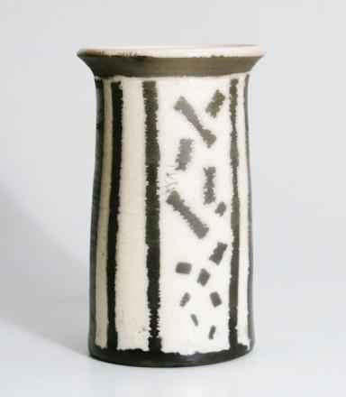 ) 403 $60, small black and white vase form, crackled white glaze and wax resist post firing reduction black carbon lines and