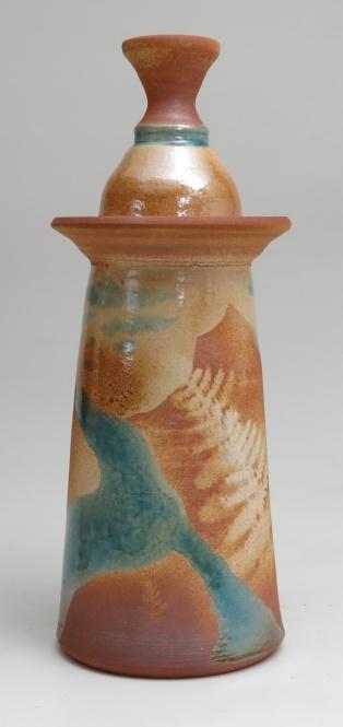 391 $165, Skyward lustrous toasty orange and turquoise vase