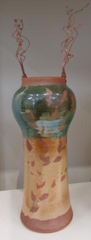 389 $160 River and Ferns covered jar with tall lustrous