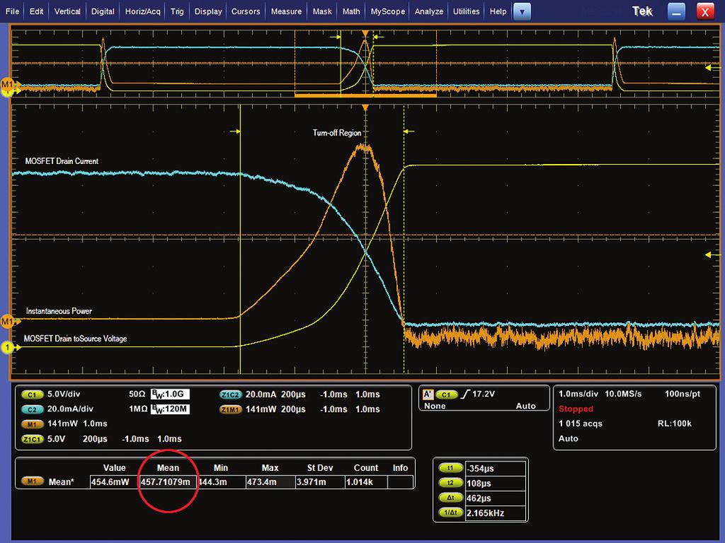 Making Accurate Current Measurements on Power Supplies with Oscilloscopes Figure 16. Switching loss measurement using oscilloscope s measurement toolset. Figure 17.