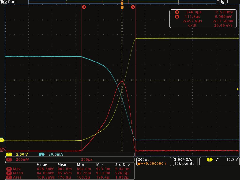 Making Accurate Current Measurements on Power Supplies with Oscilloscopes Figure 9a. Before deskew procedure, a 8.8 ns delay from current to voltage when connected to the deskew fixture. Figure 9b.