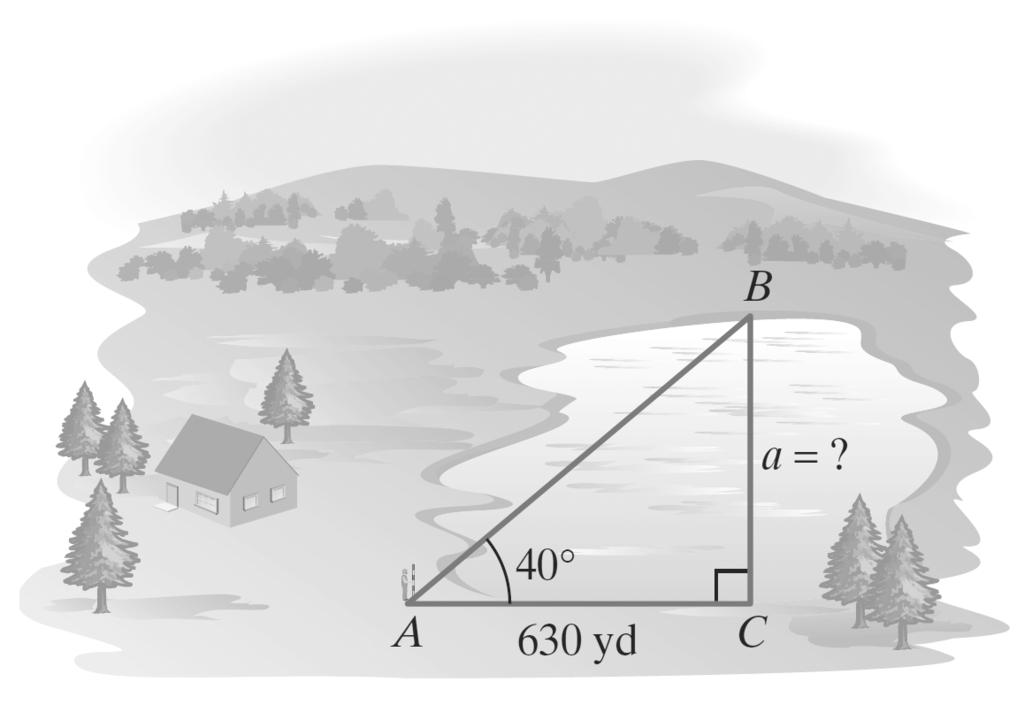To find the distance across a lake, a surveyor took the measurements shown in the figure. Use the measurements to determine how far it is across the lake. Round to the nearest yard.