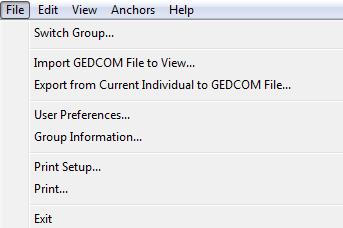Genealogy Browser Menu Options File Menu Figure 5.1 - Genealogy Browser File Menu 1. Switch Group: Join or add a group. 2. Import GEDCOM File to View: Import a GEDCOM file 3.