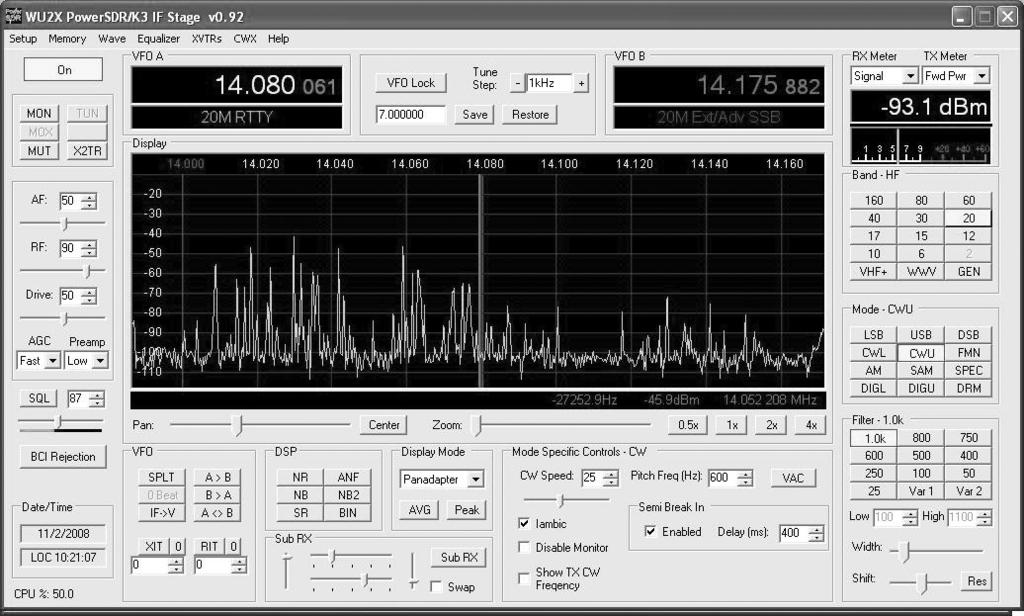 Fig 14.7 Wideband view of the CW portion of 20 meters during a contest, using the K3 with LP-Pan software defined IQ panadapter.
