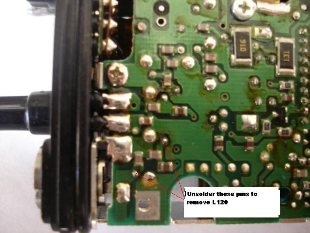 20. Flip the RF board over and unsolder inductor L120 at the 2 pins shown in