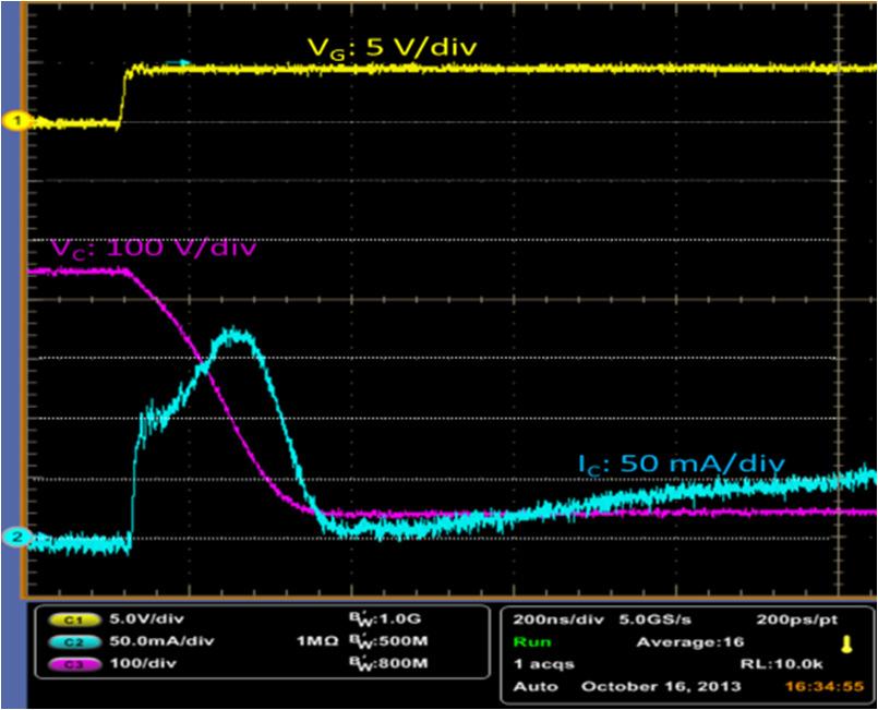 Figure 7 LIGBT turn-on waveforms measured for Drift- 1 design at Vdc =450V. The device safely survives this test.