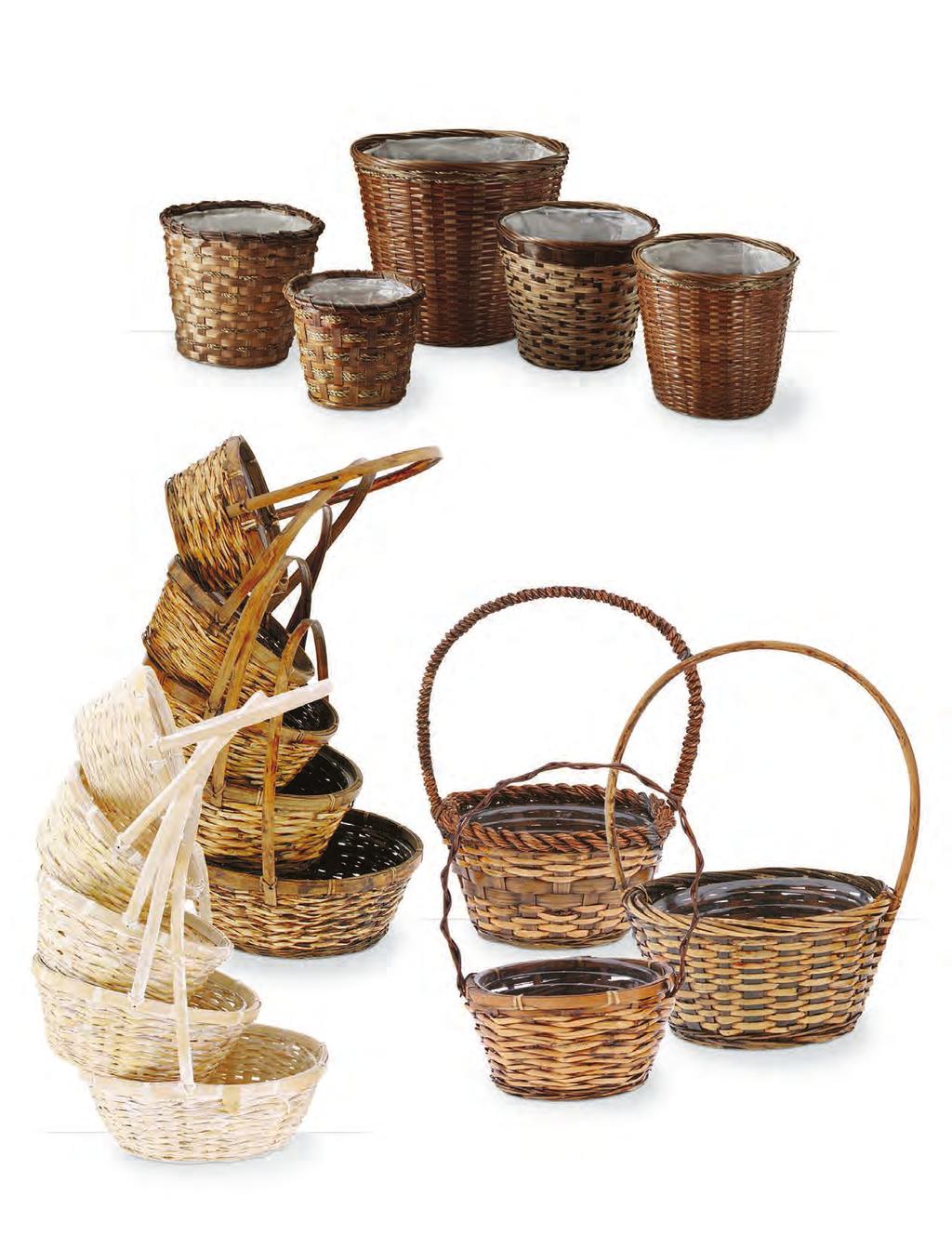 Assorted Design Bamboo Baskets in Brown Stain Includes Sewn-In Liners 0287/6 Fits 6 pot 24/$2.29 ea. 0288/8 Fits 8 pot 12/$2.99 ea.