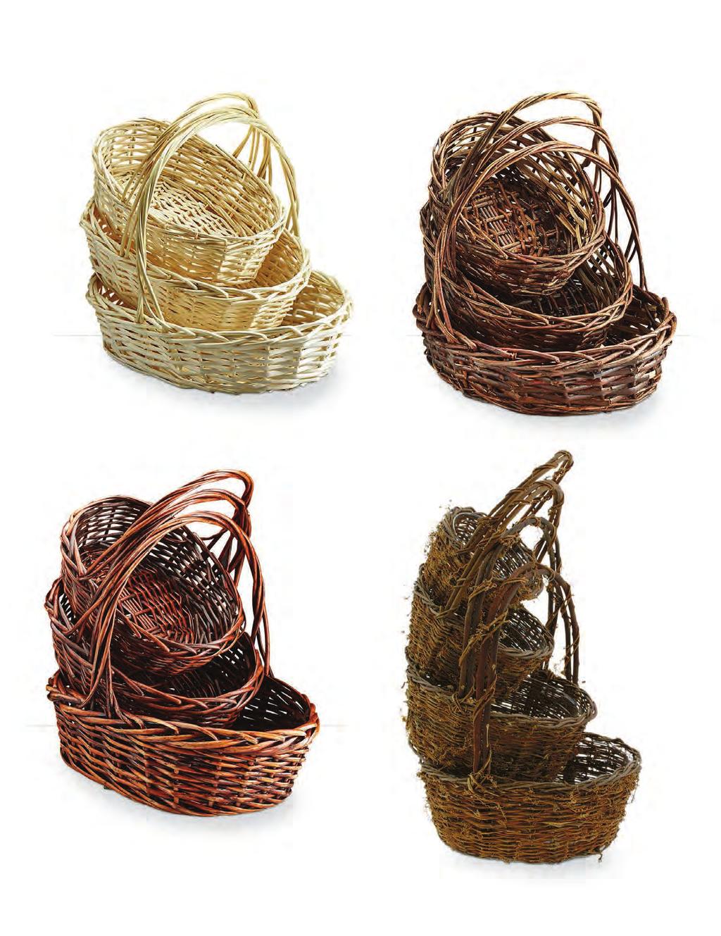 Set/3 Oval Willow Baskets Large: 17 x 15 x 6 Small: 13 x 10 x 4.5 Includes Hard Plastic Liners 1005/3-NAT 4/$17.99 set 1005/3-UP 4/$17.99 set 30033 Set/4 Round Willow Twiggy Vine Basket Large: 12.
