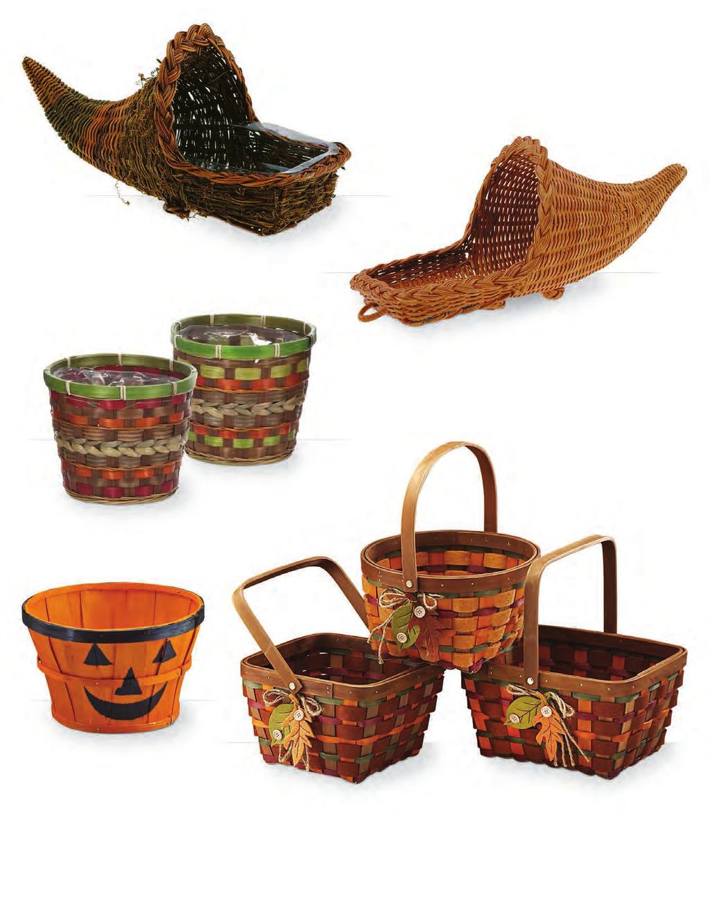 4416 Fern and Vine Cornucopia Plastic liner included 5.5 opening x 14 long 8/$3.49 ea. 73378 Fern Cornucopia Plastic liner included 5.5 opening x 14 long 8/$3.49 ea. 14339 Round Woodchip and Bamboo Container Two assorted 7 diameter x 6 tall With sewn-in liner 12/$3.