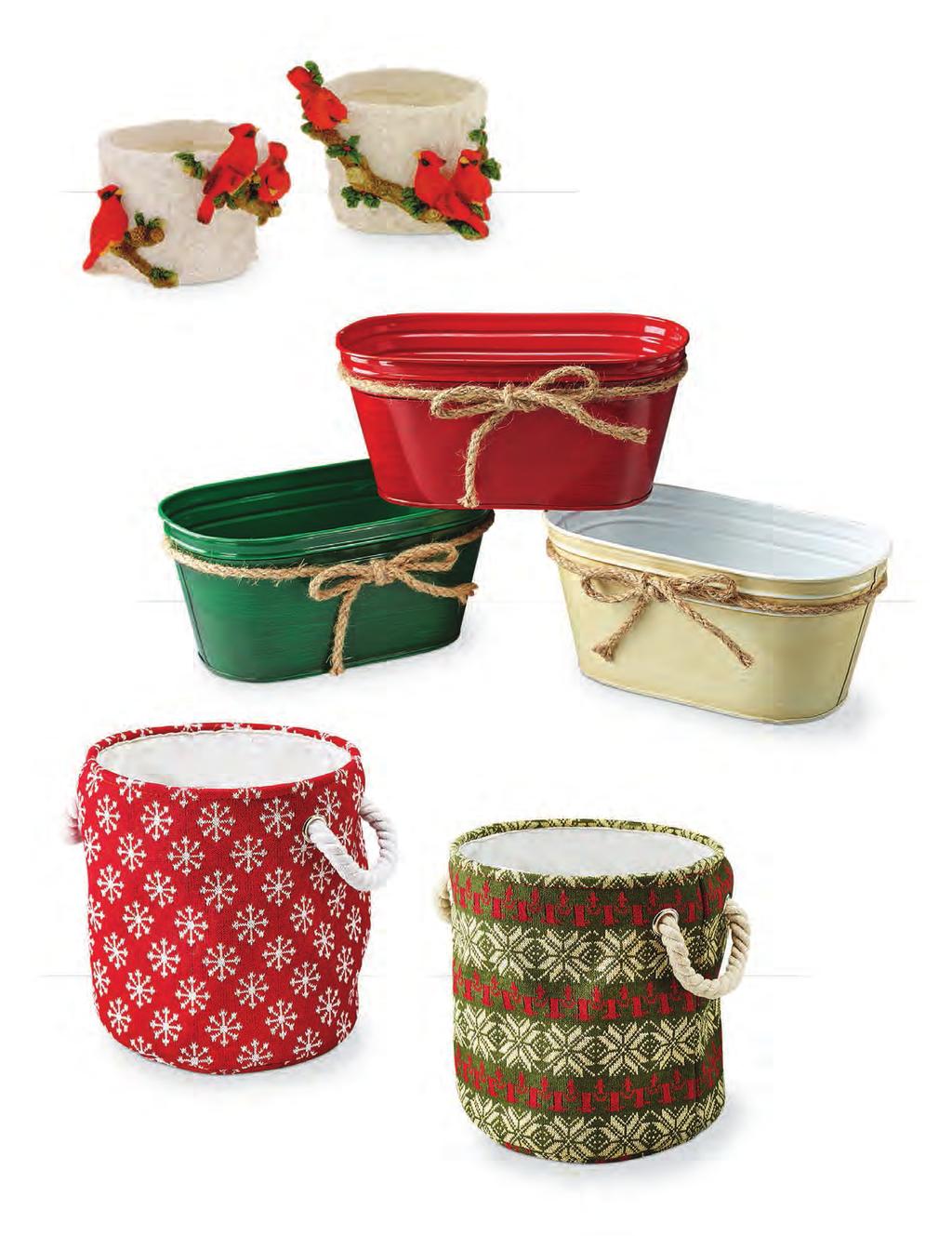 9500 Resin Container 6.5 x 4.5 opening 8/$1.99 ea. 37066 Oval Metal Container with Rope Decoration Three assorted colors 12.