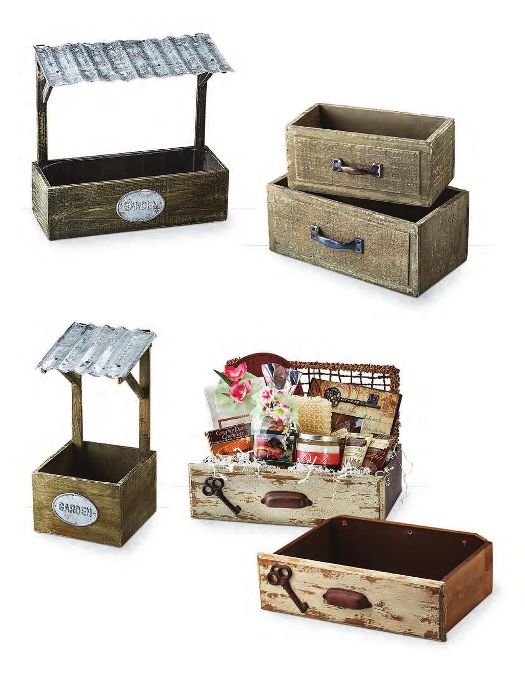32336 Rectangular Wood Container with Metal Roof 13 x 4.75 x 3.75 Overall Height: 13.75 Plastic liner included 4/$9.99 ea. 35940 Set/2 Wooden Drawer Plastic liner included Large: 10.5 x 5.5 x 4.