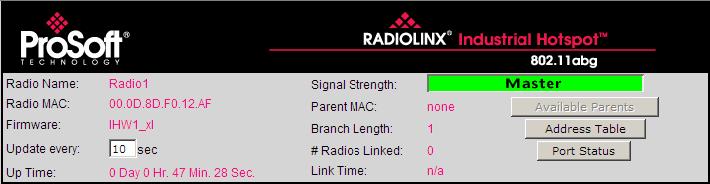1 Radio Status The following fields appear in the status area at the top of the Radio Configuration window.