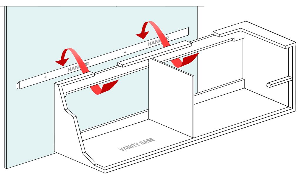 While two people hold the vanity base (D) in place, the third person marks screw placement in