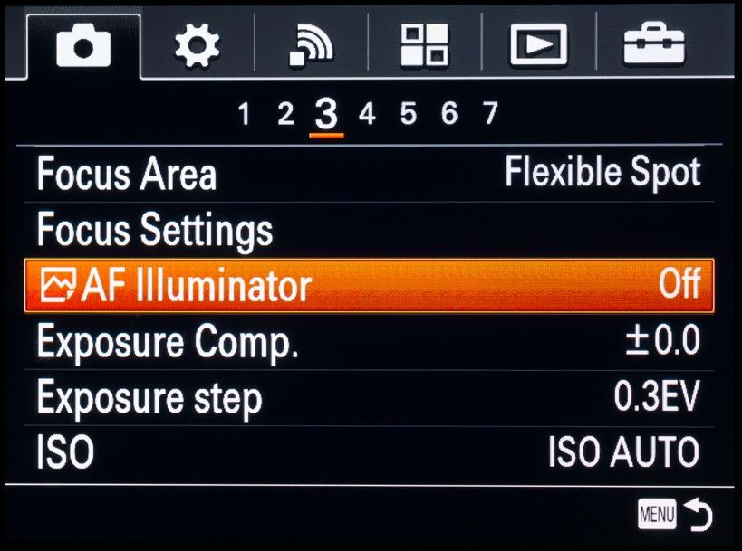 AF: Illuminator This may not be a major concern for many photographers but I prefer to switch the AF illuminator to the Off position.