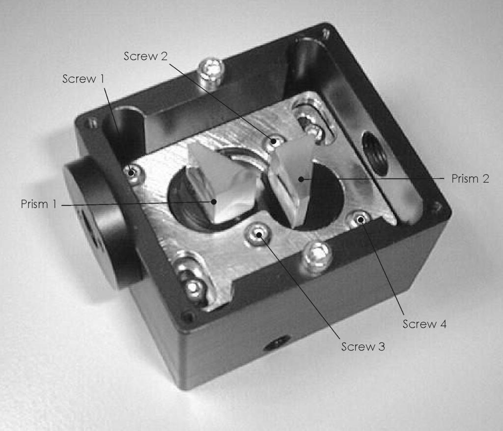 5. Alignment Figure 3 Inside view of the Variable Anamorphic Prism Pair 4. Shift Prism 2 until the beam displacement between incoming and exiting beam is 8 mm i.e. the exiting beam is in the center of the exit aperture.