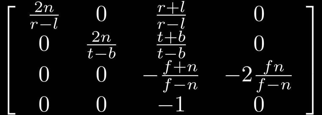 Perspective Frustum Transform from (l, r, b, t, n f) to (-1,1,-1,1,0,1) glfrustum(l, r, b, t, n, f)!