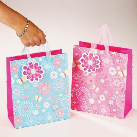 00 2 gorgeous gift bags with glitter accents, ribbon handles and matching tags. One blue, one pink ( 25cm x 21cm ).