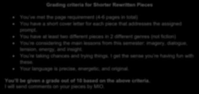 Grading criteria for Shorter Rewritten Pieces You ve met the page requirement (4-6 pages in total) You have a short cover letter for each piece that addresses the assigned prompt.
