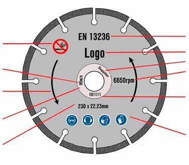 Explanation of marking required by EN 13236 * 1 2 5 6 7 8 3 9 Flange Area 4 10 1 Restriction of use 2 Maximum operating speed 6 7 Name of manufacturer, supplier, importer, or Registered Trade Mark