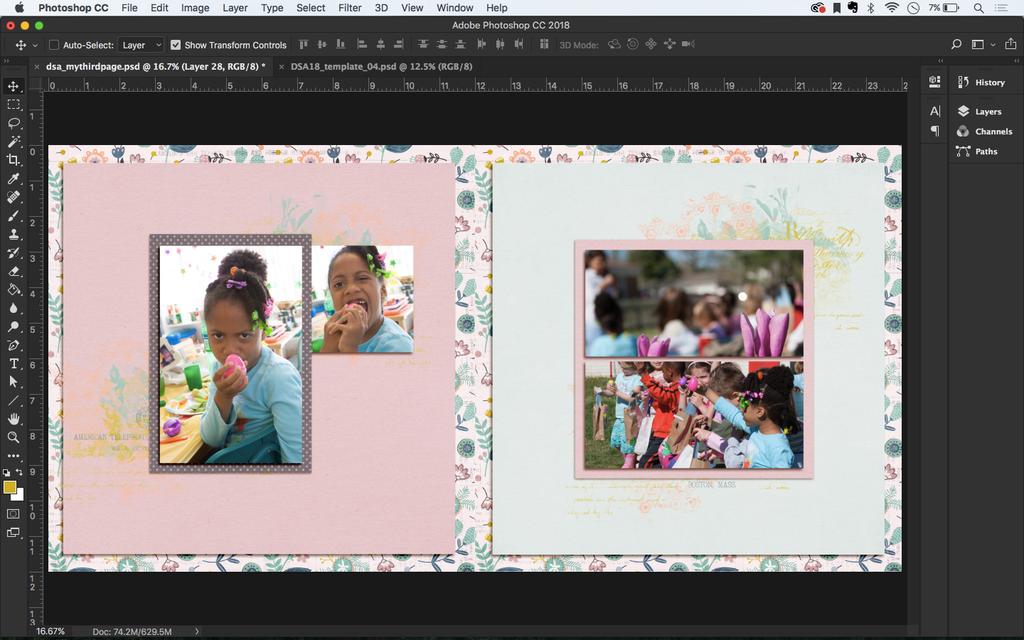 Digital Scrapbook Academy April 2018: Lesson 04 2: Create Unity Between Both Pages Our next step is to create harmony between the layout using techniques that require the Color Swatch Panel, the