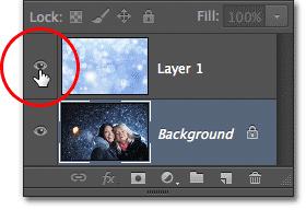 And if I turn on the top layer by clicking on its visibility icon in the Layers panel: Clicking the layer visibility ( eyeball ) icon for the top layer.