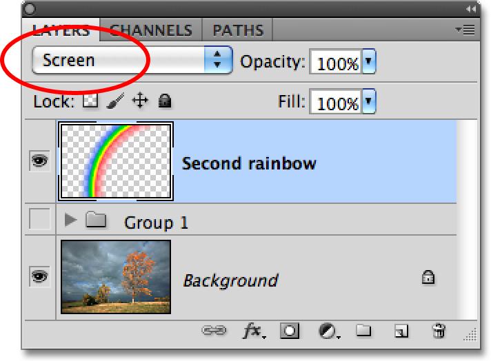 When I release my mouse button, Photoshop draws the gradient, looking very much like the first one except that this time, the order of the colors is reversed: The second rainbow gradient with its