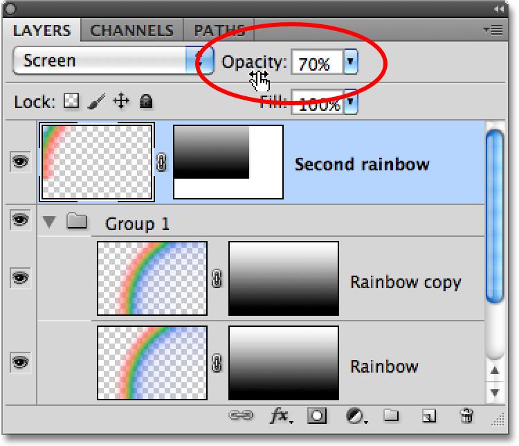 Step 21: Lower The Opacity Of The Second Rainbow Finally, since I don t want my second rainbow to appear as bright as the original, I ll lower its opacity down to around 70% at the top of the Layers