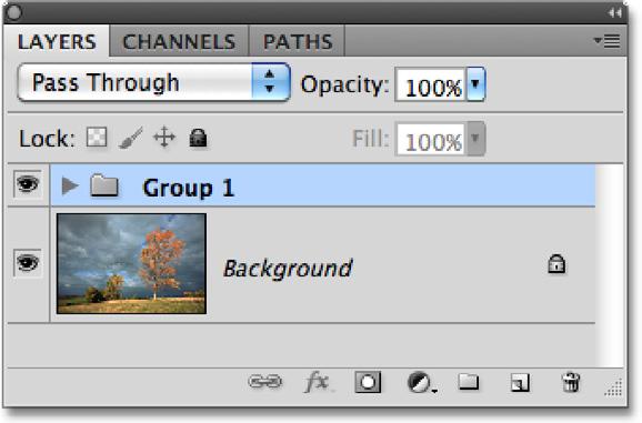Photoshop will group the two layers together in the Layers panel. Photoshop names the new group Group 1.