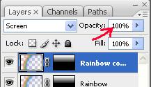 33. Use the Opacity option at the top of the Layers palette to lower the opacity of the Rainbow copy layer until you get something that you like how low you take it will depend on the lighting and