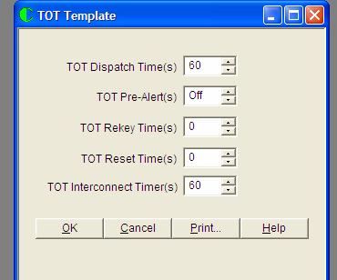 TOT Template Screen When the TOT Template Tab from the Edit pull down menu is accessed, the following screen appears: TOT Time The TOT Time is the maximum period of time that the radio is allowed to