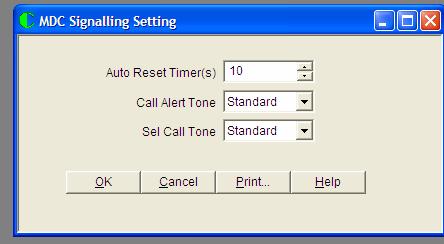 MDC Signaling Setting Screen When the MDC Signaling Setting Tab from the Edit pull down menu is accessed, the following screen appears: Auto Reset Timer This parameter selects the maximum period of