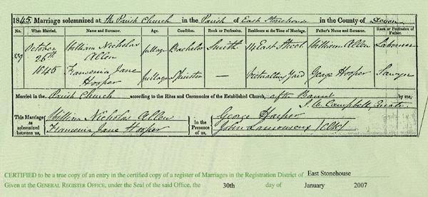 Our copy of the marriage record of William Nicholas ALLEN to Louisa MINNHINNICK indicates that William Nicholas had been married prior to his marriage to Louisa.
