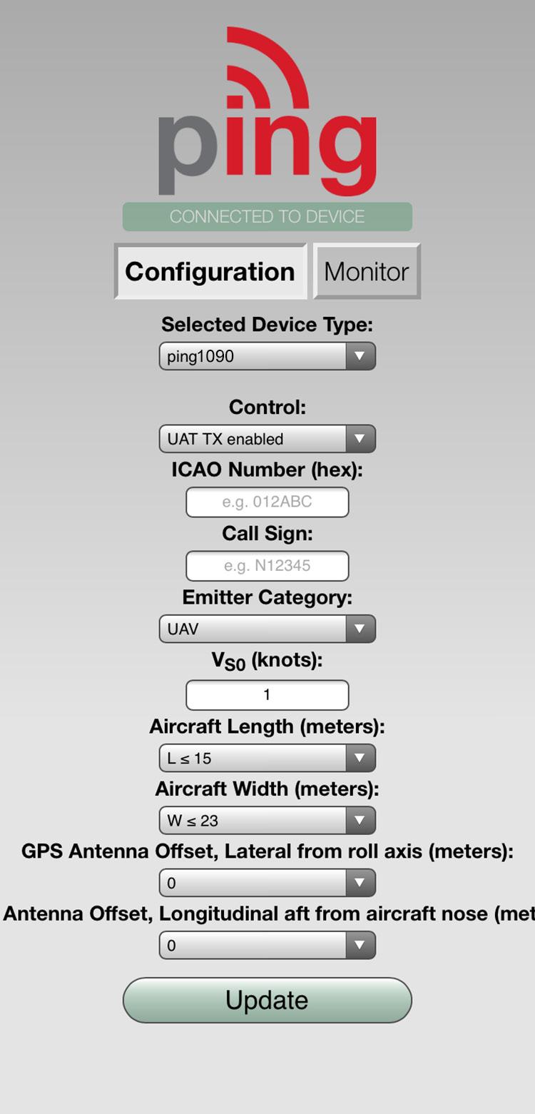 Configure 3 Launch the uavionix Ping application and complete the fields as required for your device/aircraft.