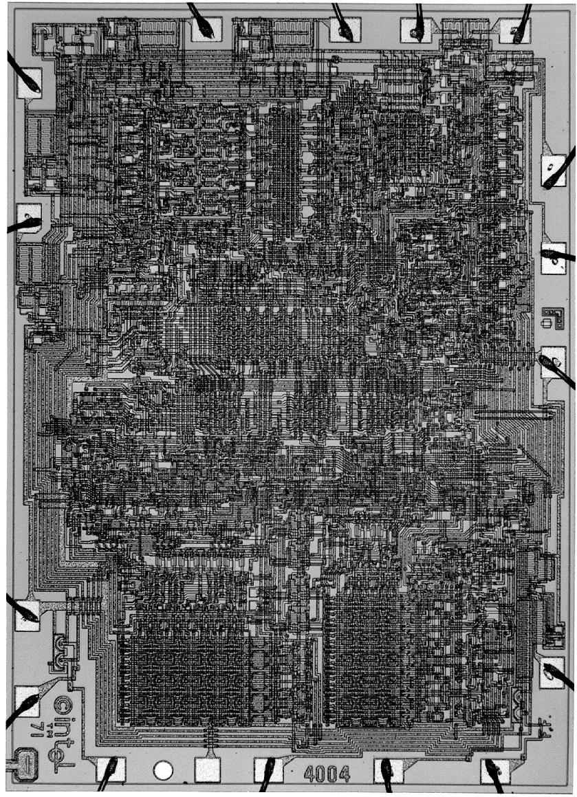 first microprocessor 1971 Picture shows a four-bit microprocessor Intel 4004.