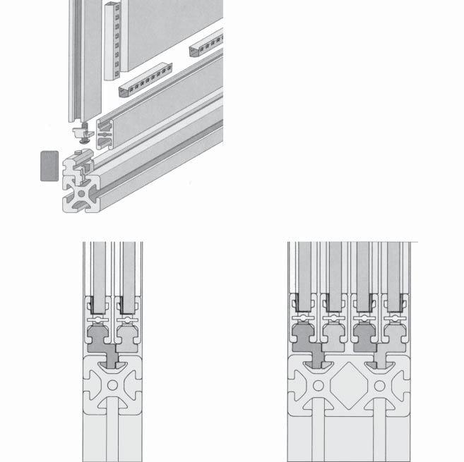 Doors See page 46 for application details Sliding Door Guide 3-054 & Doors 1 1 Two sliding doors in T-slot of a 40 series profile Four sliding doors in T-slots of an 80x40 profile 3 4 3 Mounting