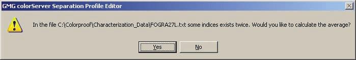 It may be that the following message appears when importing the color values from a characterization file: Warning Indices exist twice in file Confirm the message with Yes.