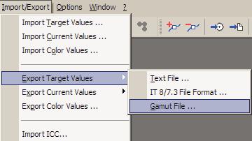 Import characterization data or an ICC profile as target values, as described in the preceding chapter, and then select Import/Export Export Target Values Gamut File: Exporting the target values as a