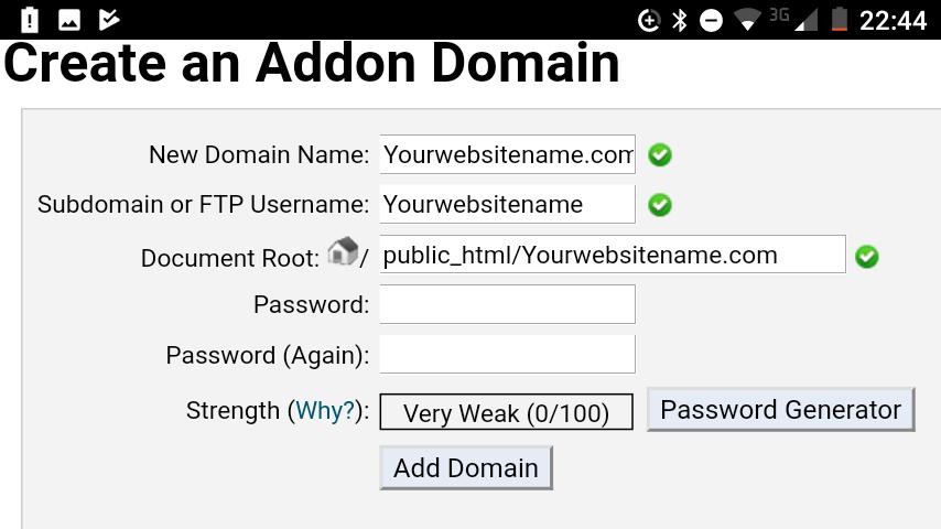 Now login to your Hostgator control panel and click 'Addon Domain' - enter your full website name as below and the second box down will be auto populated.