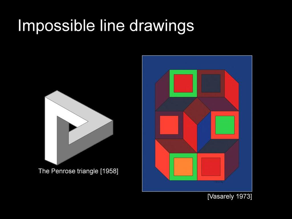 Line drawings of impossible 3D objects show us that this coherence is NOT global. The Penrose triangle, which was inspired by the work of Escher, is perhaps the simplest of the impossible figures.