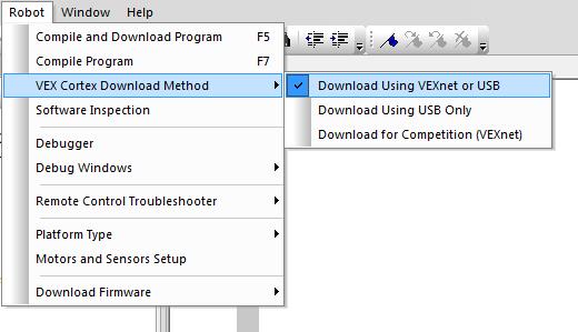 VEX Cortex Download Method Allows you to specify: How programs are downloaded Whether Cortex looks for VEXnet connection when it starts