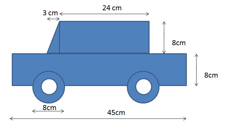 17. Measurements - Area The shape of a motor car is printed on a white sheet of paper. The length of the car is 45cm and its height is 20 cm.