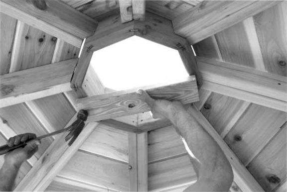 Fit the ring into the center of the rafters by pushing up from the inside. Install with the numbers up, and so the numbers match with the numbers on the roof sections.