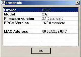 The sensor parameters, such as device name, model type (digital input, RS485, RS232), firmware version and the MAC Address of the device network interface, can be controlled by selecting Information.