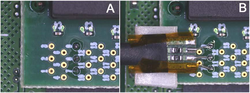 How-to Guide Figure 3. A: Solder placed on signal vias. B: Tip soldered to vias and secured using foam tape.