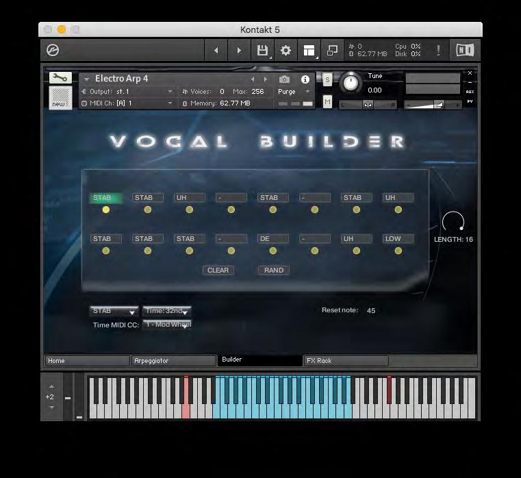 The Vocal Builder is a set of samples programmed to act as an intelligent entity allowing the composer to live-play a vocal sequence or chord with different vocal articulations.