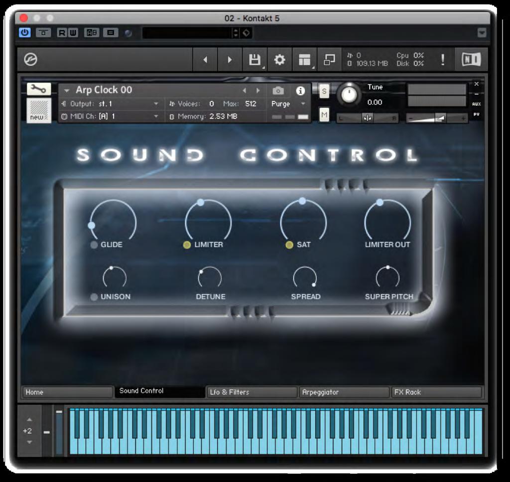 ETHERA EVI SOUND CONTROL Ethera EVI provides the user with glide & unison modes. You can also use this section to add a limiter and further saturation.
