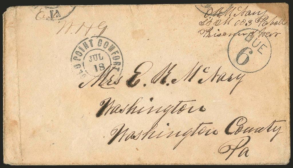 873) Figure 4 1864 Prisoner of War envelope from Camp Oglethorpe, Macon, Georgia to Washington, Pennsylvania sent via Old