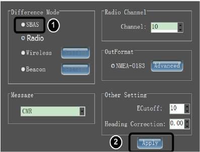 Setting Up K9 with Hi-MAX software Fig 6-6 SBAS setup interface 1.In Rover setting interface. Choose the "SBAS" mode, 2.then click "Apply".